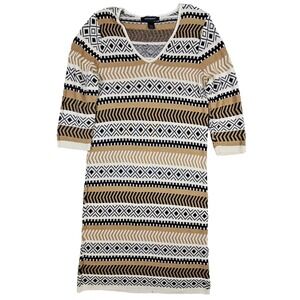 Ashley Stewart Sweater Dress 18/20 Tan Black White V-Neck 3/4 Sleeve Knit